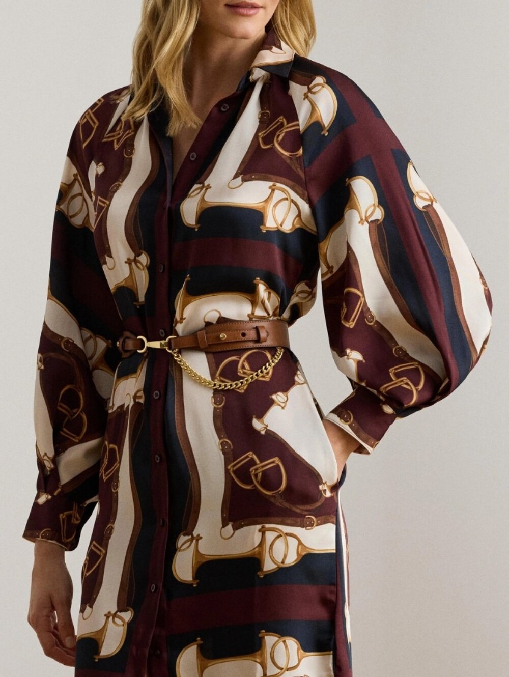 Lauren Ralph Lauren Burgundy, Navy & Ivory Equestrian-Print Shirt Dress